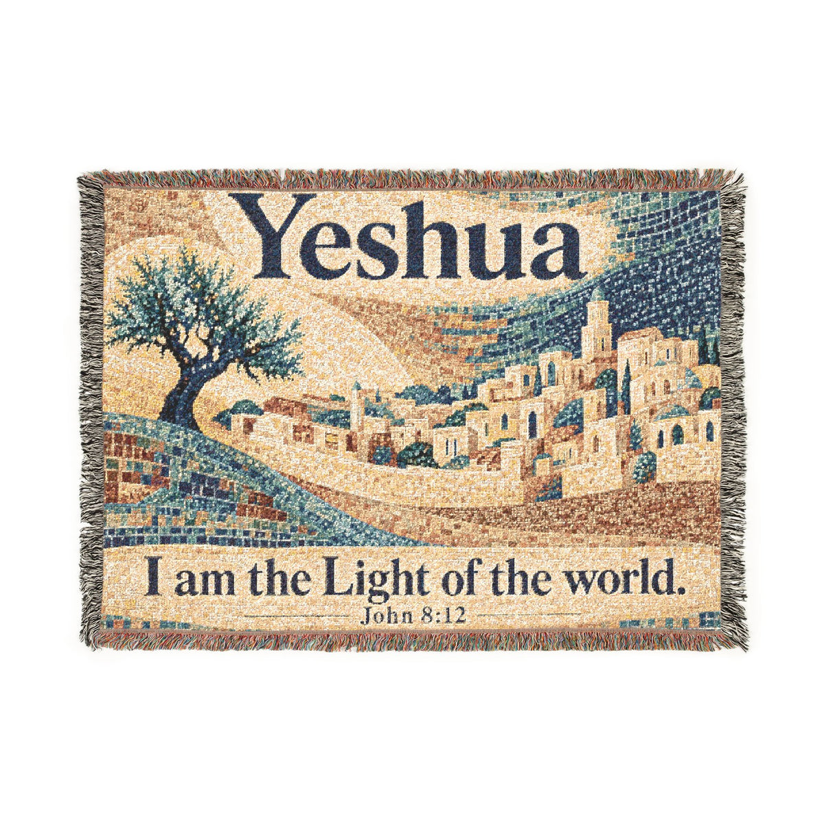 A rectangular woven tapestry with fringe on all sides, featuring a mosaic-style depiction of a hillside town under a pale sun, a tree on the left, the word 'Yeshua' at the top, and the text 'I am the Light of the world. John 8:12' at the bottom.