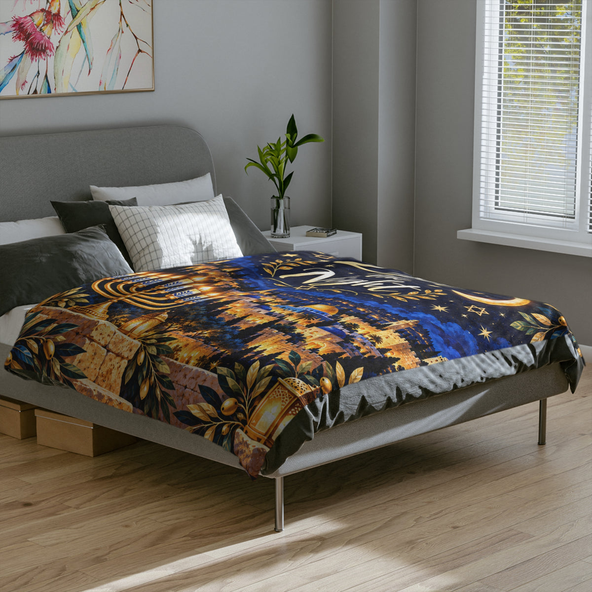 Light the Night Hanukkah Blanket – Navy & Gold Festival of Lights Velveteen Throw | Jerusalem-Inspired Menorah Gift