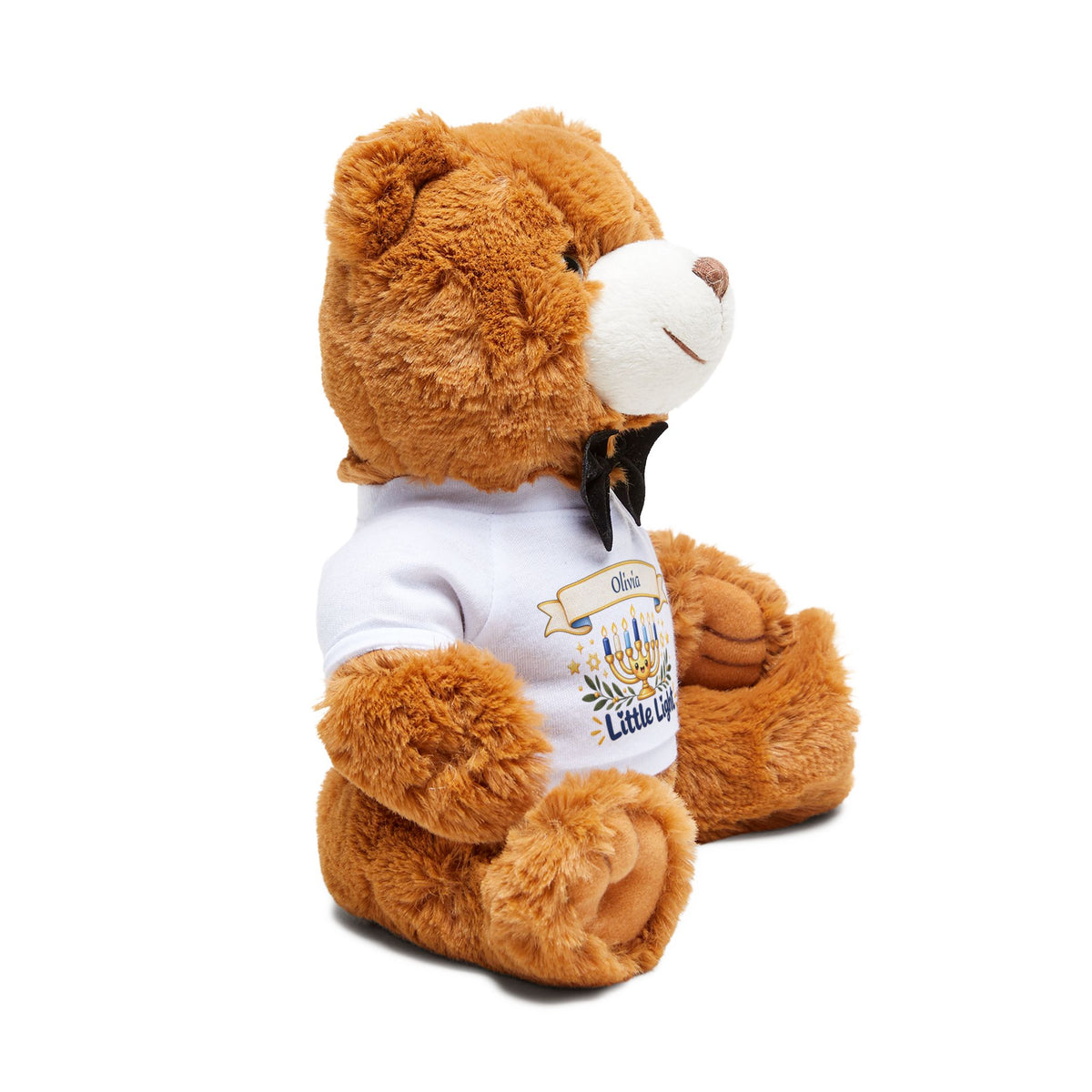 Brown teddy bear wearing a white shirt with text and graphics on a white background