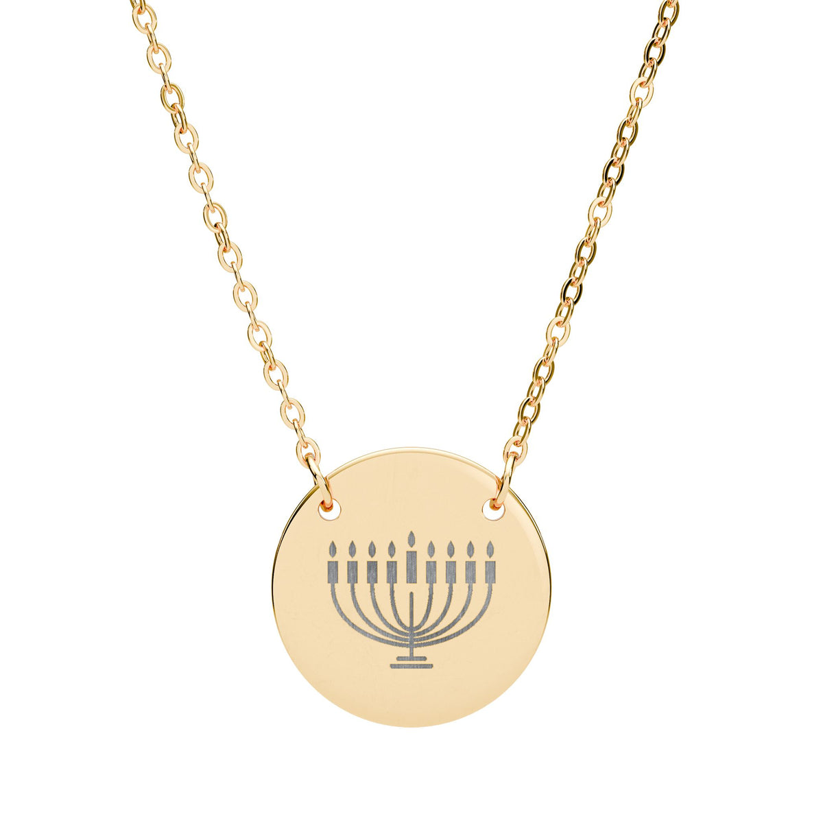 Engraved Hanukkiah Necklace | 18mm Hanukkah Pendant in Rose Gold or Rainbow