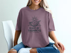 T-shirt graphic with text "FEAST OF TRUMPETS - CALL TO GATHER" and imagery of a shofar and mountains.