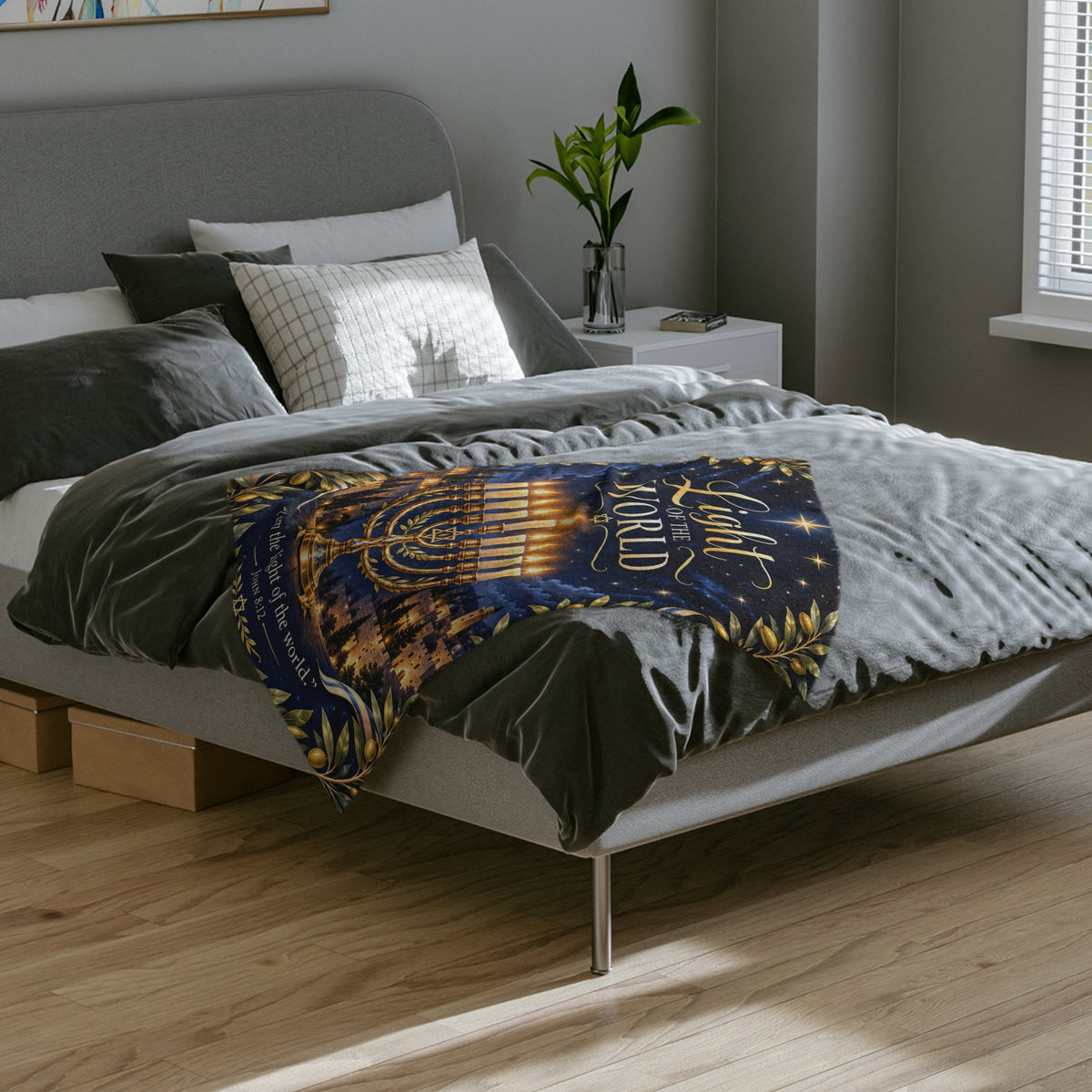 Yeshua Light of the World Hanukkah Blanket – John 8:12 Messianic Velveteen Throw | Festival of Lights Gift
