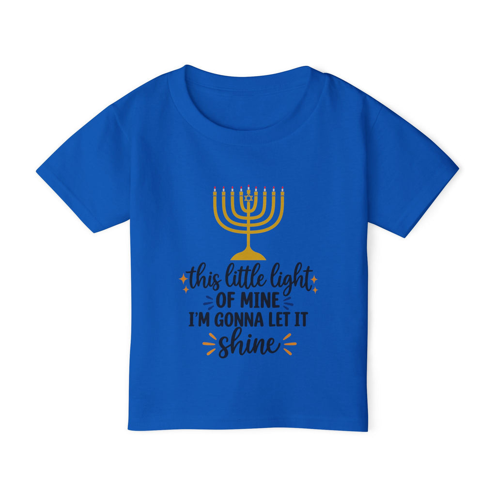 A royal blue kids' short-sleeve t-shirt with a yellow menorah graphic and the text 'this little light OF MINE I'M GONNA LET IT shine' printed on the front, shown against a plain white background.