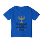 A royal blue kids' short-sleeve t-shirt with a yellow menorah graphic and the text 'this little light OF MINE I'M GONNA LET IT shine' printed on the front, shown against a plain white background.