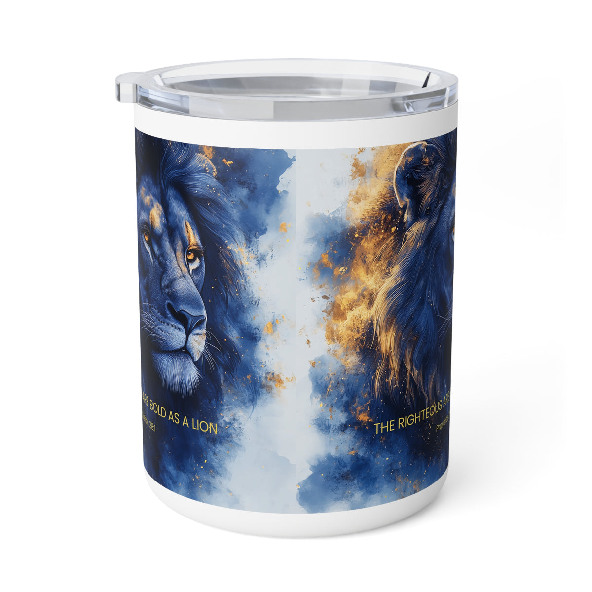 A white insulated tumbler with a clear lid, featuring a wrap-around graphic of two lions facing each other with blue and gold watercolor effects and text on a white background.