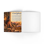 An open book or booklet shown on a plain white background, with the left page featuring a warm-toned printed photograph and the text 'A Final Reflection' and several paragraphs of body text. The right page is blank.