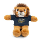 Plush lion toy wearing a navy shirt with a star design on a white background