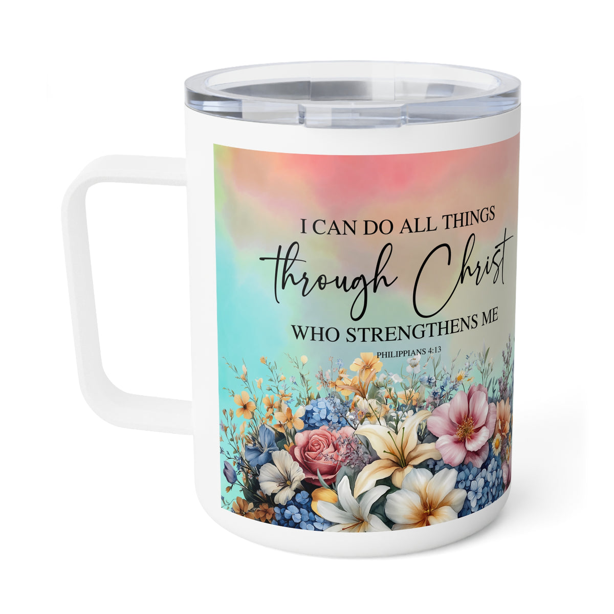 A white ceramic coffee mug with a clear lid, featuring a colorful floral design and the Bible verse Philippians 4:13 printed on the front.