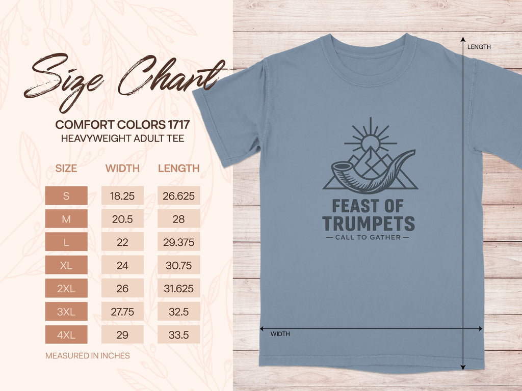 Comfort Colors 1717 size chart with width and length measurements.