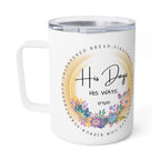 A white stainless steel tumbler with a clear lid, featuring a circular graphic design with the text 'His Days HIS WAYS' and colorful floral illustrations.