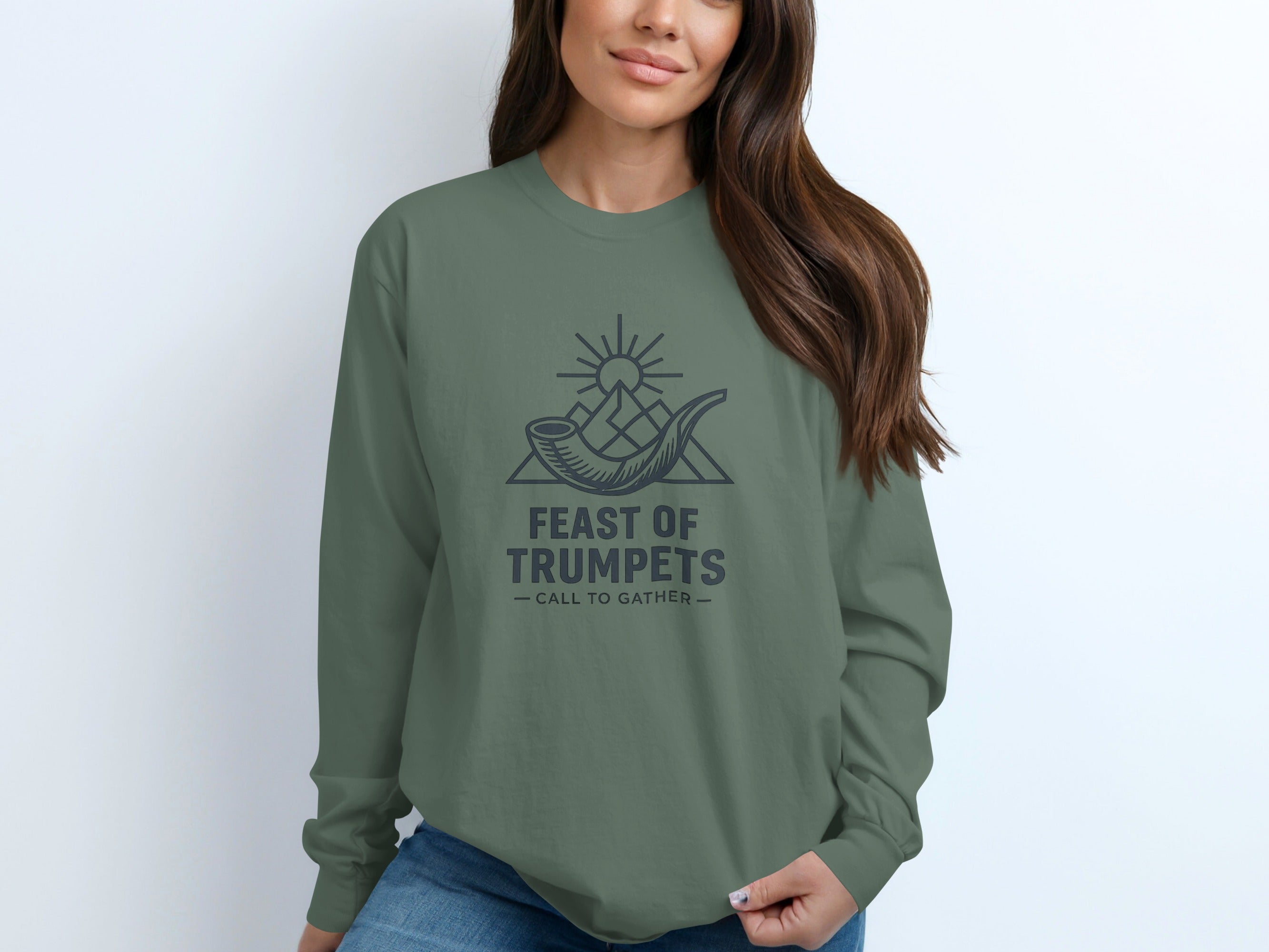 Long-sleeve shirt with "Feast of Trumpets, Call to Gather" text and graphic.