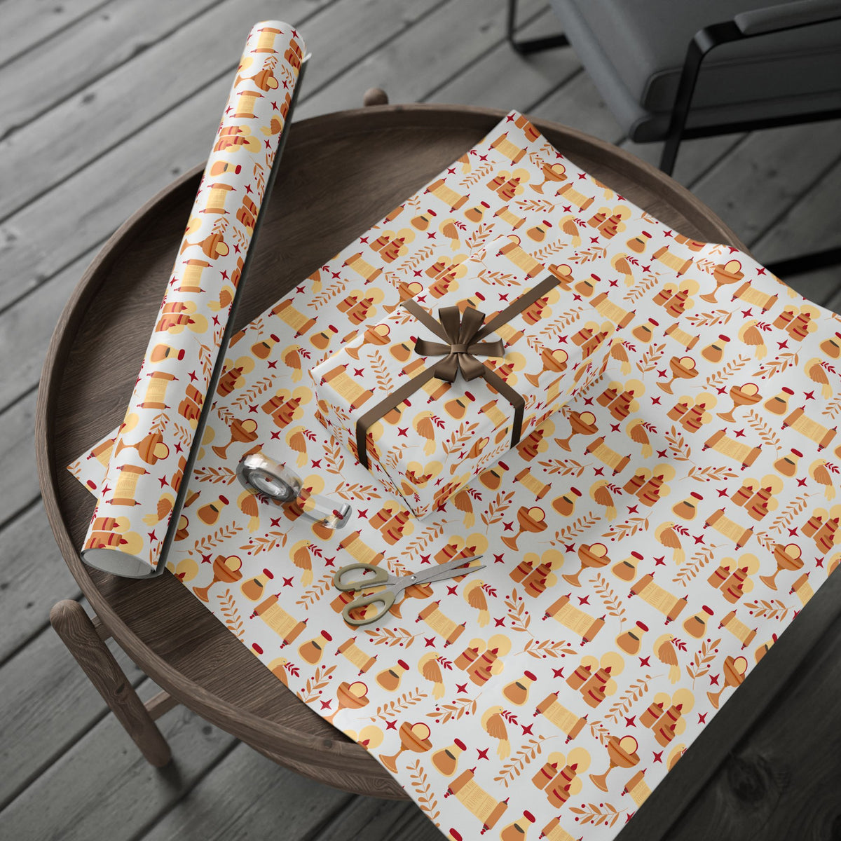 Golden Candle & Scroll Judaica Gift Wrap | Warm Red and Gold Holiday Wrapping Paper