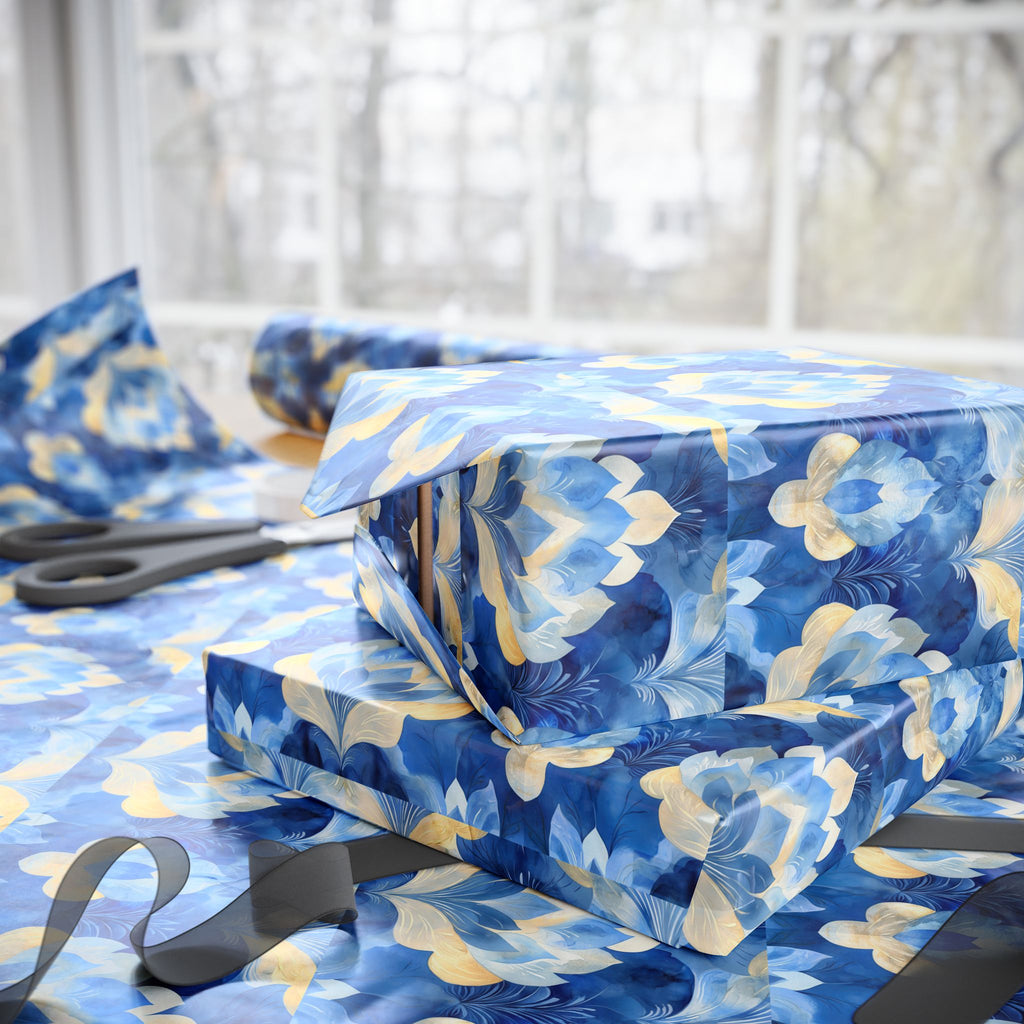 Blue & Gold Floral Wrapping Paper  |  Elegant Judaica Gift Wrap