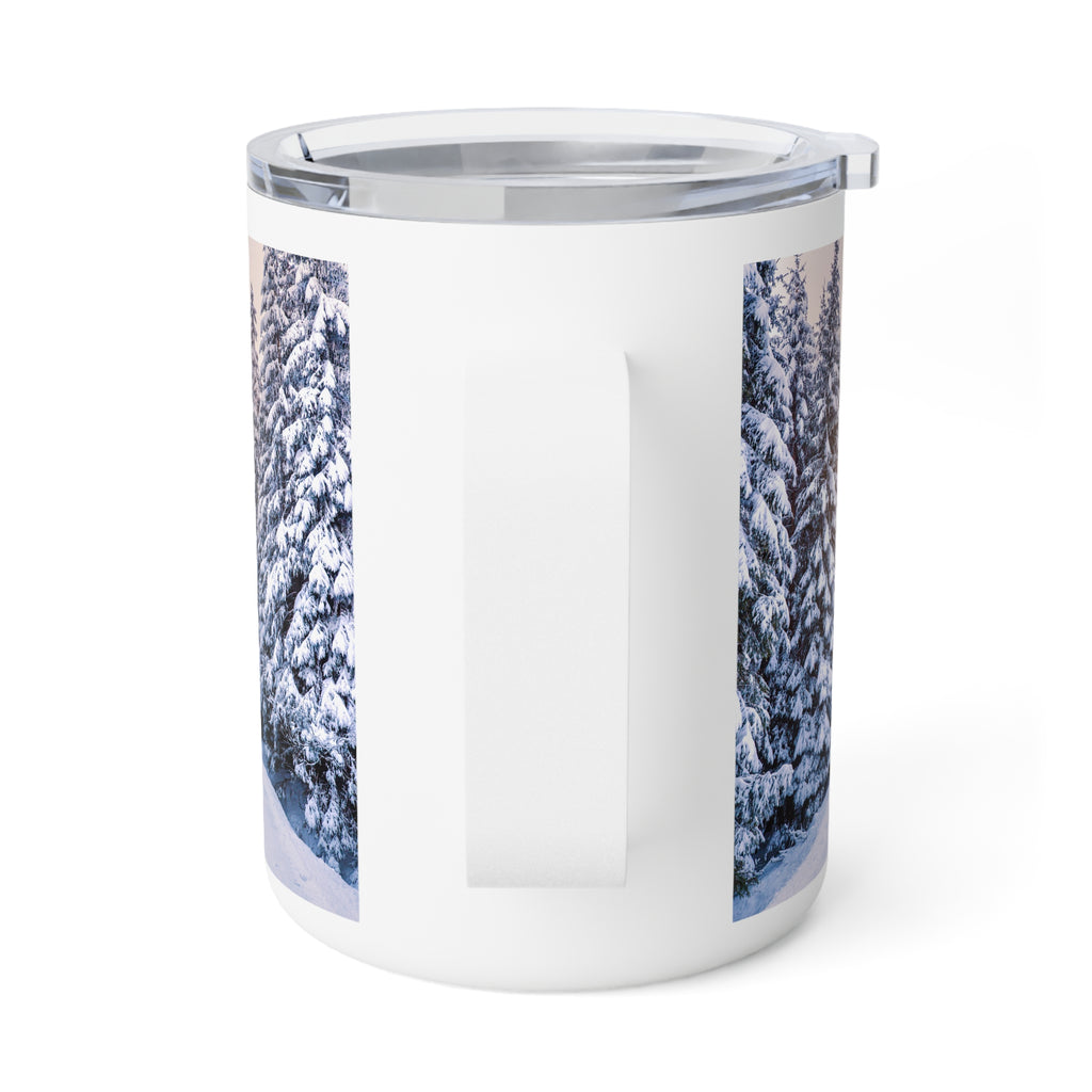 A white insulated travel mug with a clear lid and a printed winter forest design on the sides, shown on a clean white background.