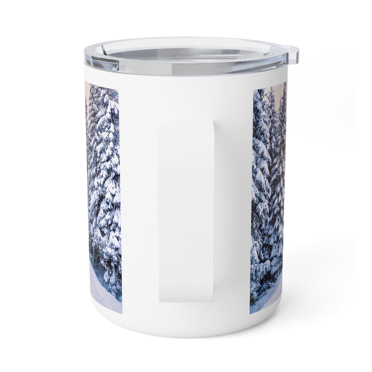 A white insulated travel mug with a clear lid and a printed winter forest design on the sides, shown on a clean white background.