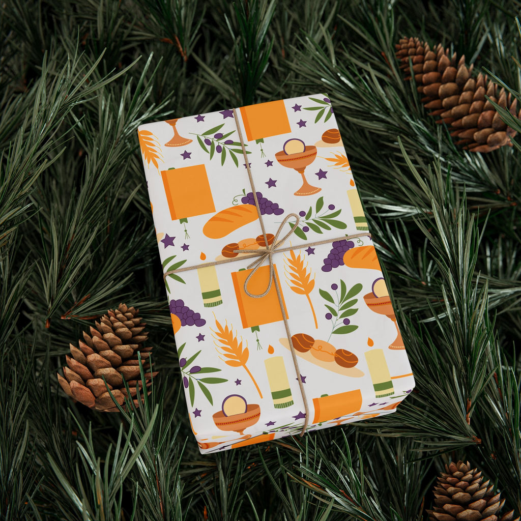 Shabbat Blessings Wrapping Paper | Wheat, Grapes, Challah & Candle Judaica Gift Wrap