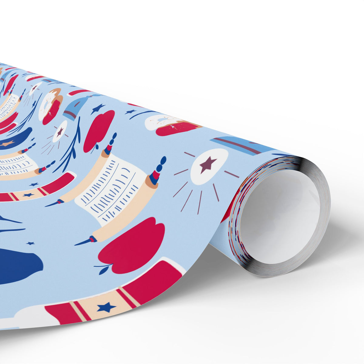 Light Blue Gift Wrap with Torah Scrolls, Challah, Apples | Judaica Wrapping Paper