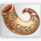 A decorative horn-shaped  shofar vessel or cup with an ornate scrollwork and leaf pattern in brown, gold, and green tones, shown against a light gray background.