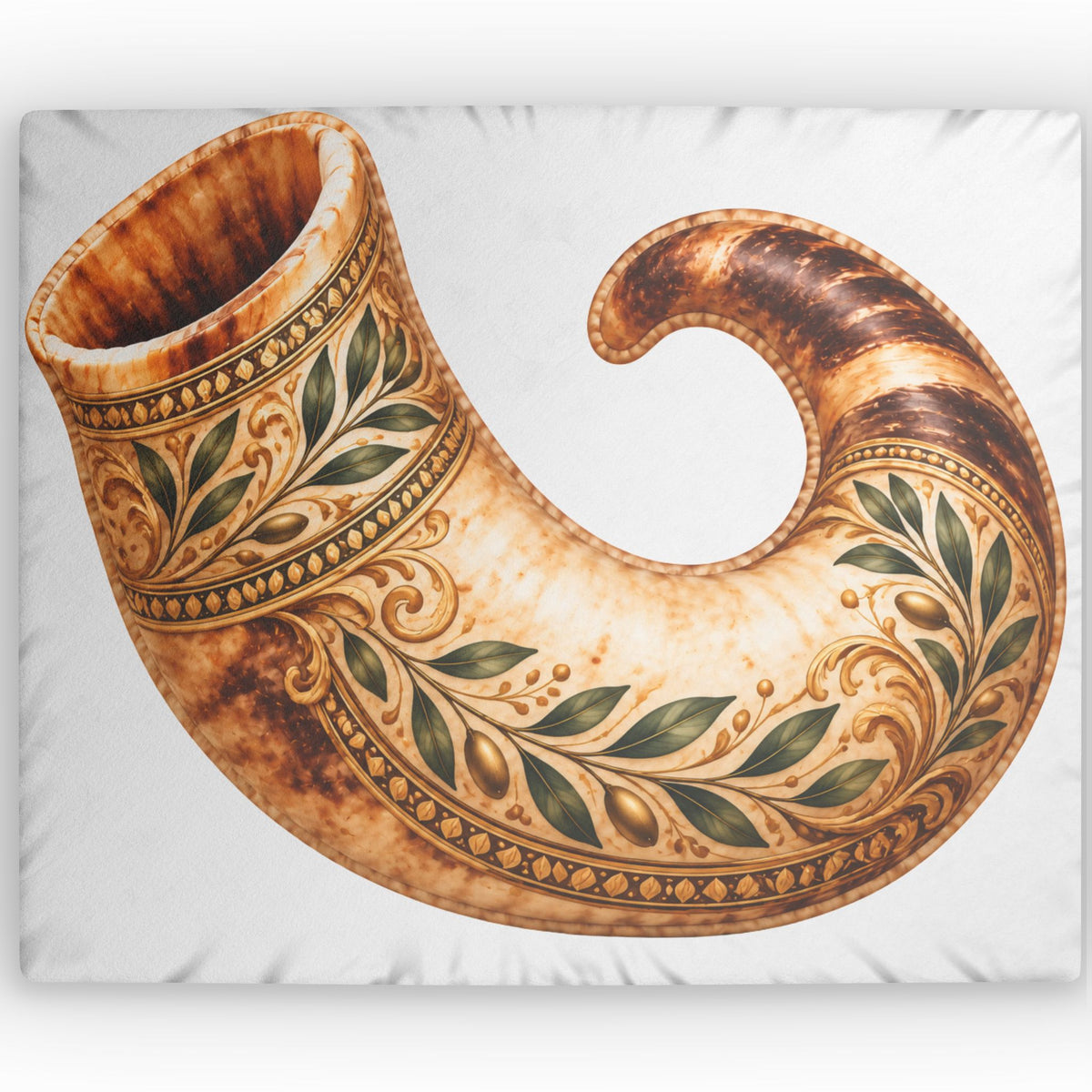 A decorative horn-shaped  shofar vessel or cup with an ornate scrollwork and leaf pattern in brown, gold, and green tones, shown against a light gray background.