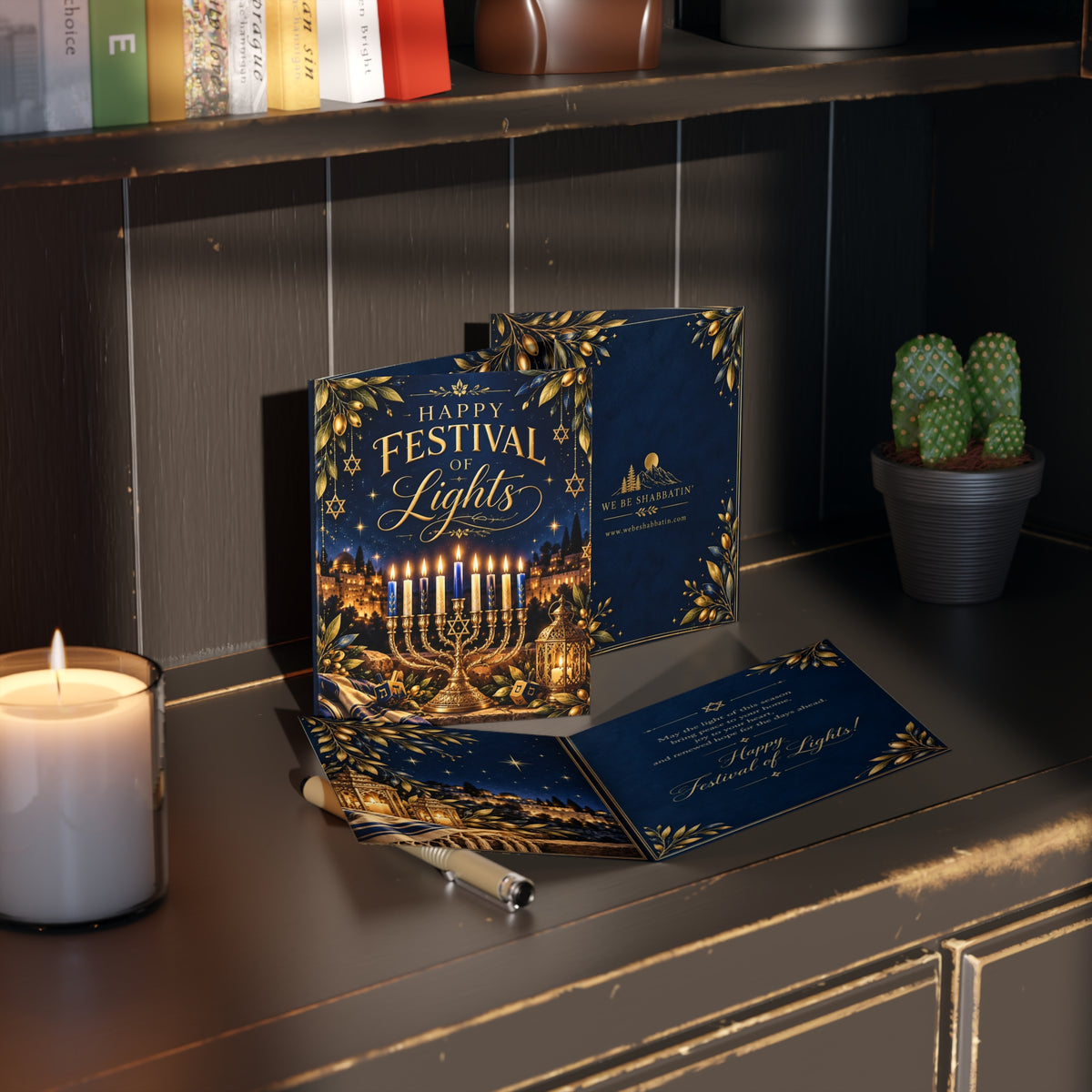 Happy Festival of Lights Hanukkah Card | Jerusalem Menorah Greeting Card (8, 16, and 24 pcs)