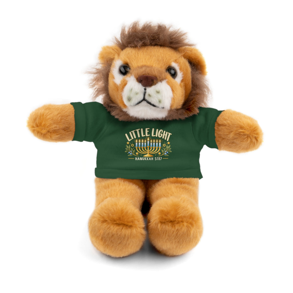 Plush lion toy wearing a green shirt with a star design on a white background
