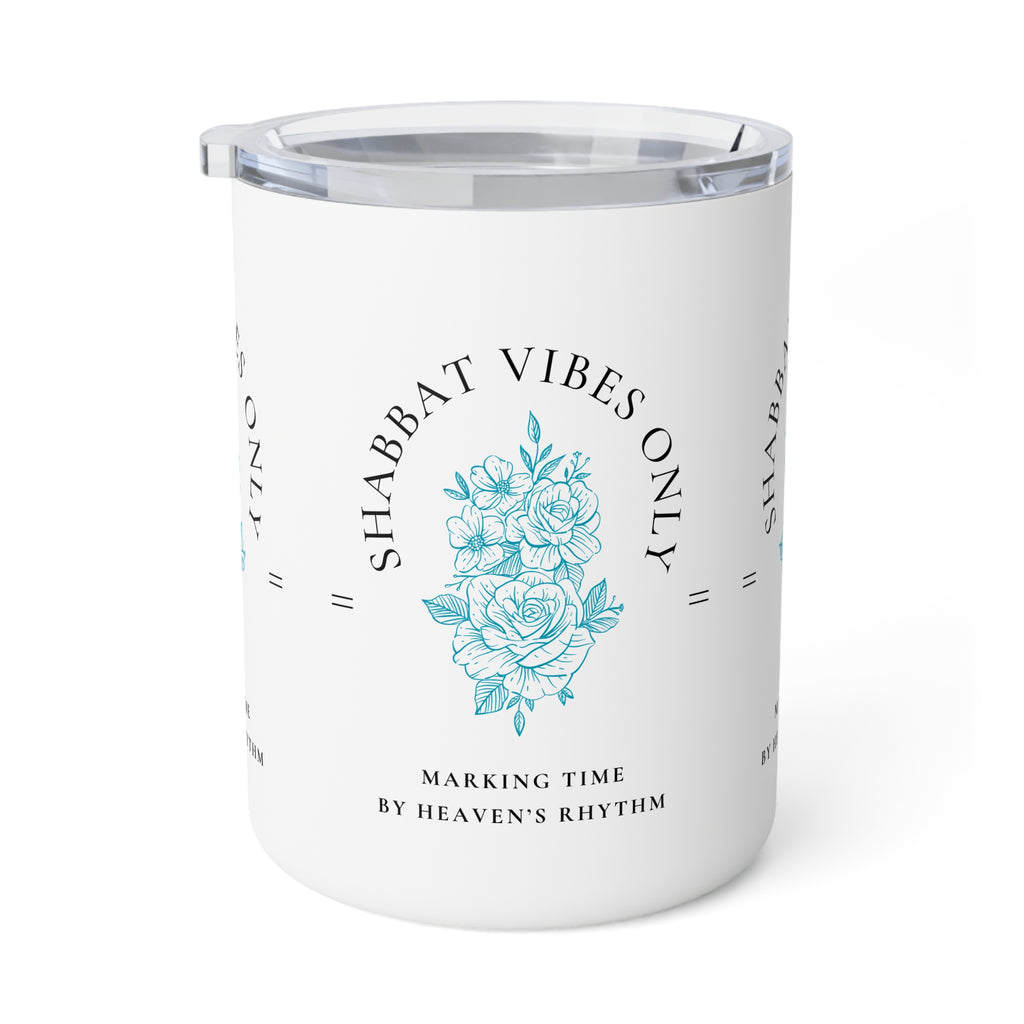 A white insulated tumbler with a clear lid, featuring a light blue floral illustration and the text 'SHABBAT VIBES ONLY' and 'MARKING TIME BY HEAVEN'S RHYTHM' on a clean white background.