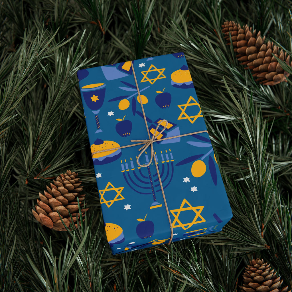 Hanukkah Wrapping Paper - Blue Gift Wrap with Menorahs