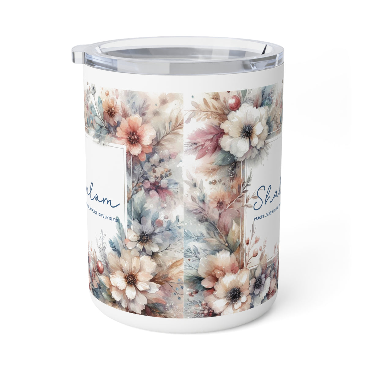 A white insulated tumbler with a clear lid, decorated with a watercolor floral pattern in soft pink, beige, and muted blue tones. The word 'Islam' is printed on the front alongside a small photo frame graphic.