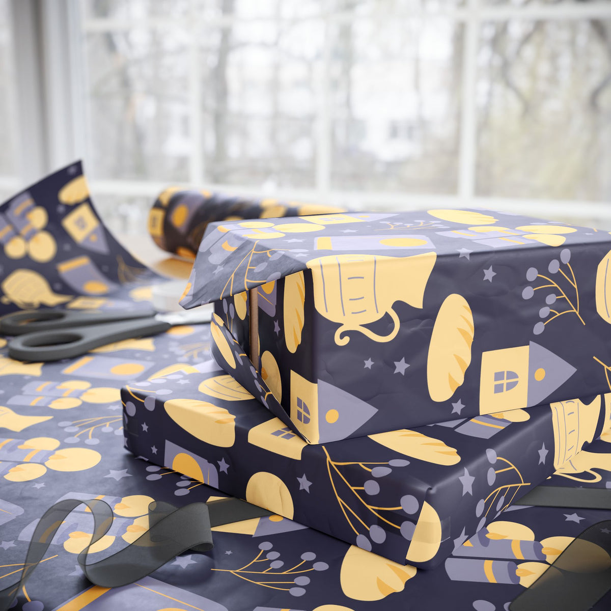 Shabbat Wrapping Paper | Elegant Navy & Gold Judaica Gift Wrap with Candles, Challah, Stars |