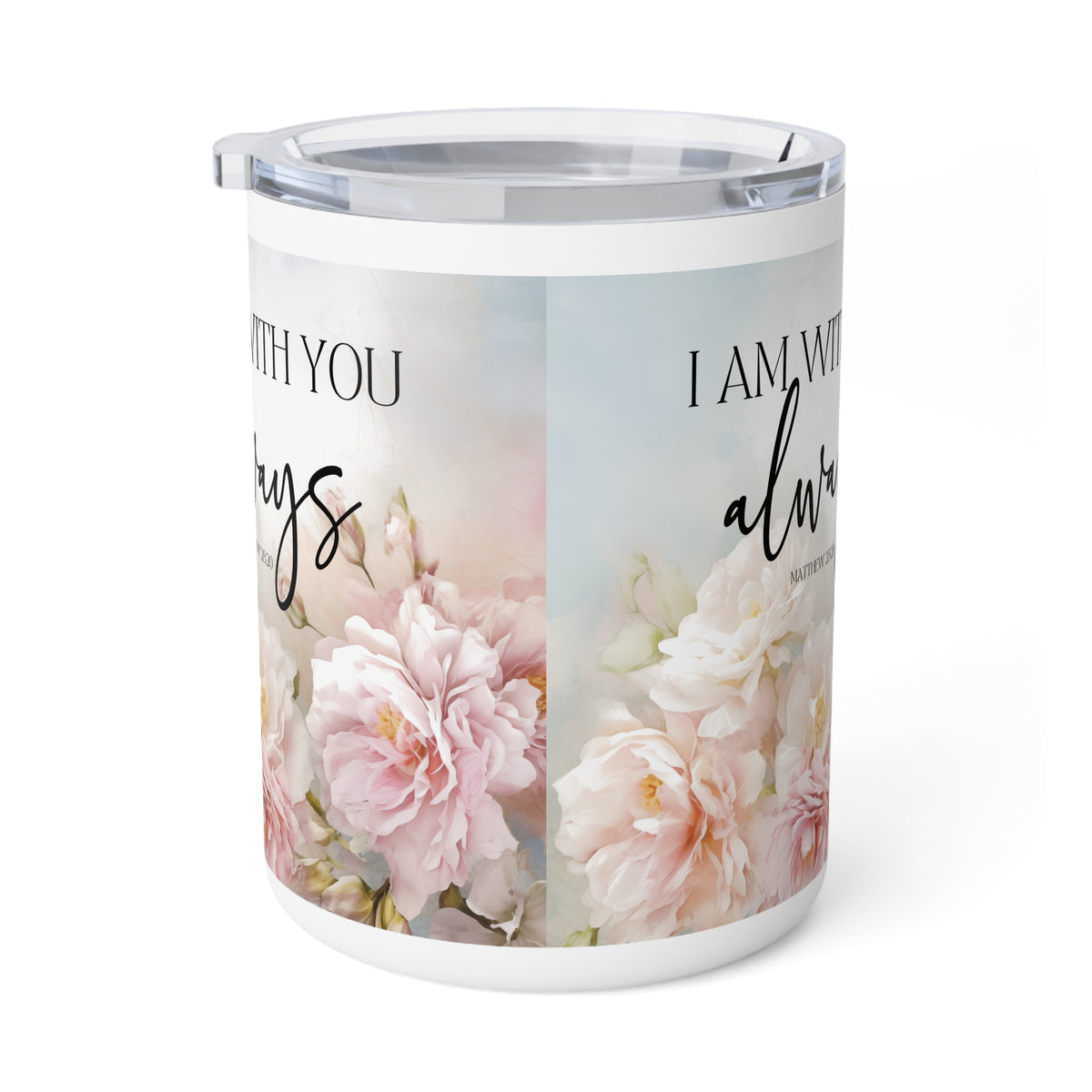A white insulated tumbler with a clear lid, featuring a pastel floral print with pink and peach flowers and black script text on a soft light blue background.