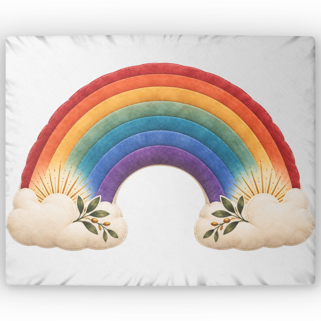 A square white pillow or cushion featuring a large colorful rainbow design with cream clouds at the bottom and small green leafy sprigs.