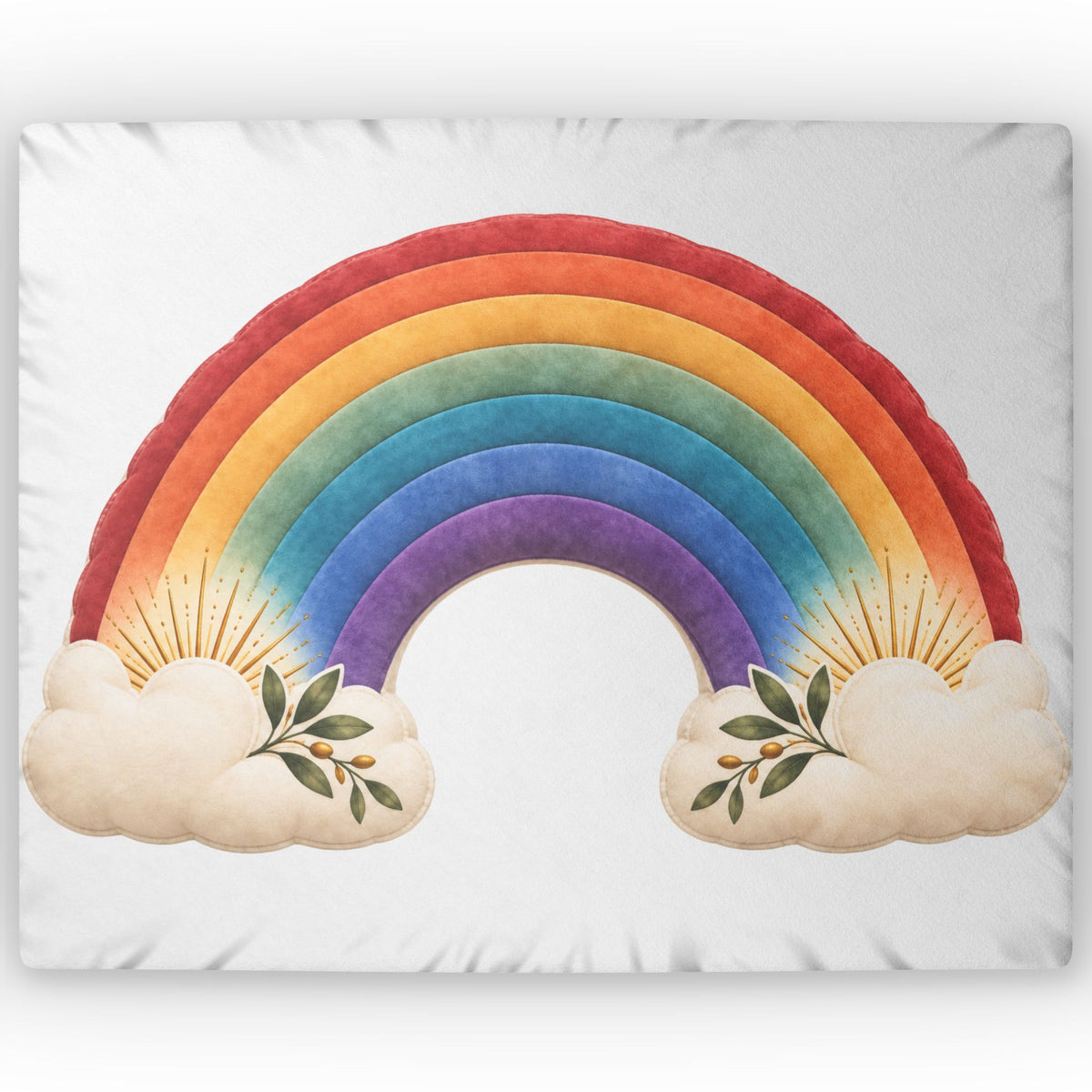 A square white pillow or cushion featuring a large colorful rainbow design with cream clouds at the bottom and small green leafy sprigs.