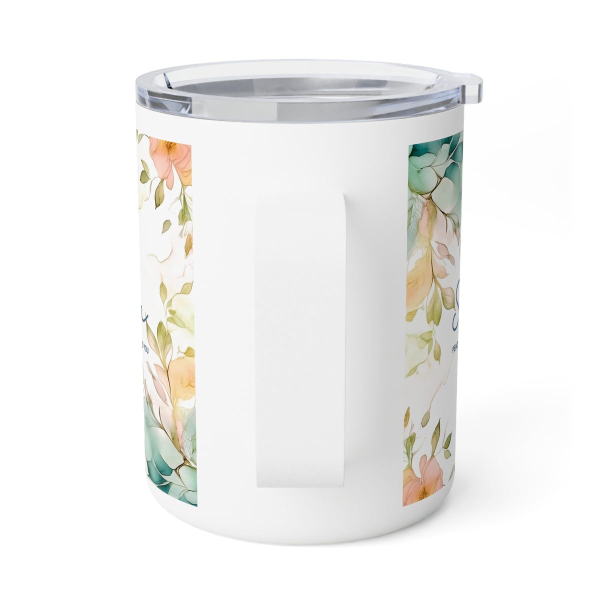 A white insulated tumbler with a clear lid and a vertical watercolor floral print in soft peach, green, and cream tones, shown on a clean white background.