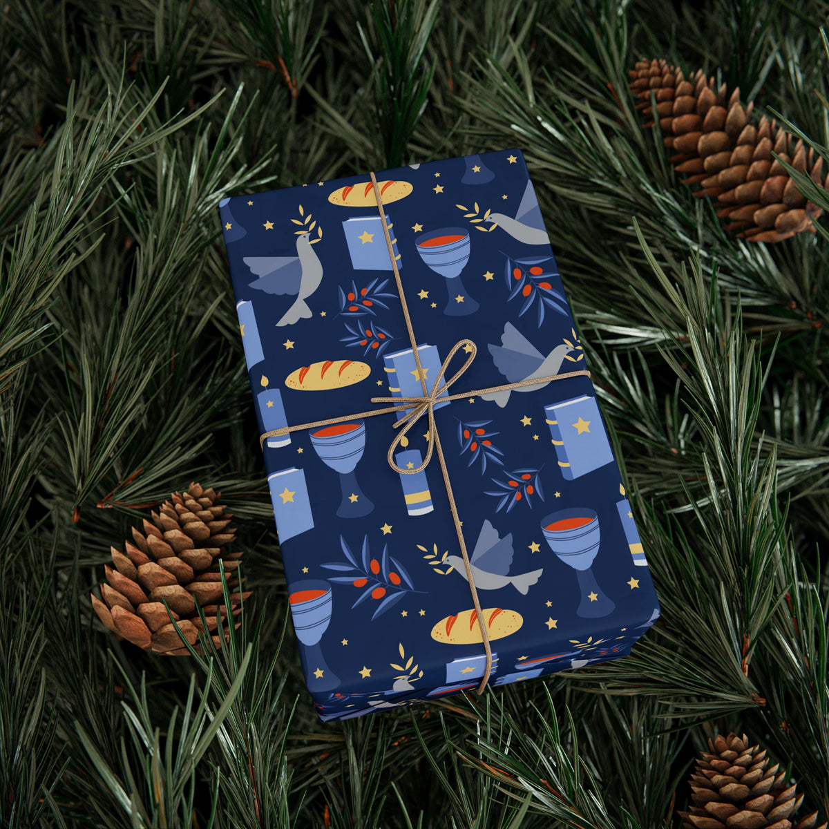 Judaica Gift Wrap with Challah, Kiddush Cup, Doves & Olive Branches