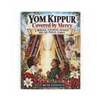The front cover of the book 'Yom Kippur Covered by Mercy' by Beth Estevis, featuring a colorful illustration of children looking up toward a glowing temple courtyard framed by red and white flowers, with a scroll and draped curtains.