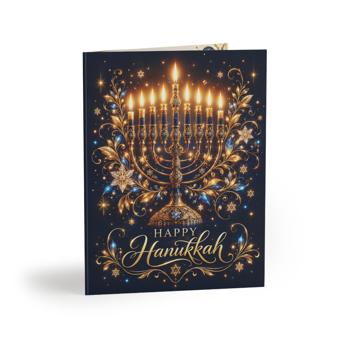 Elegant Gold Hanukkah Card | Ornate Menorah Festival of Lights Greeting Card (8, 16, and 24 pcs)
