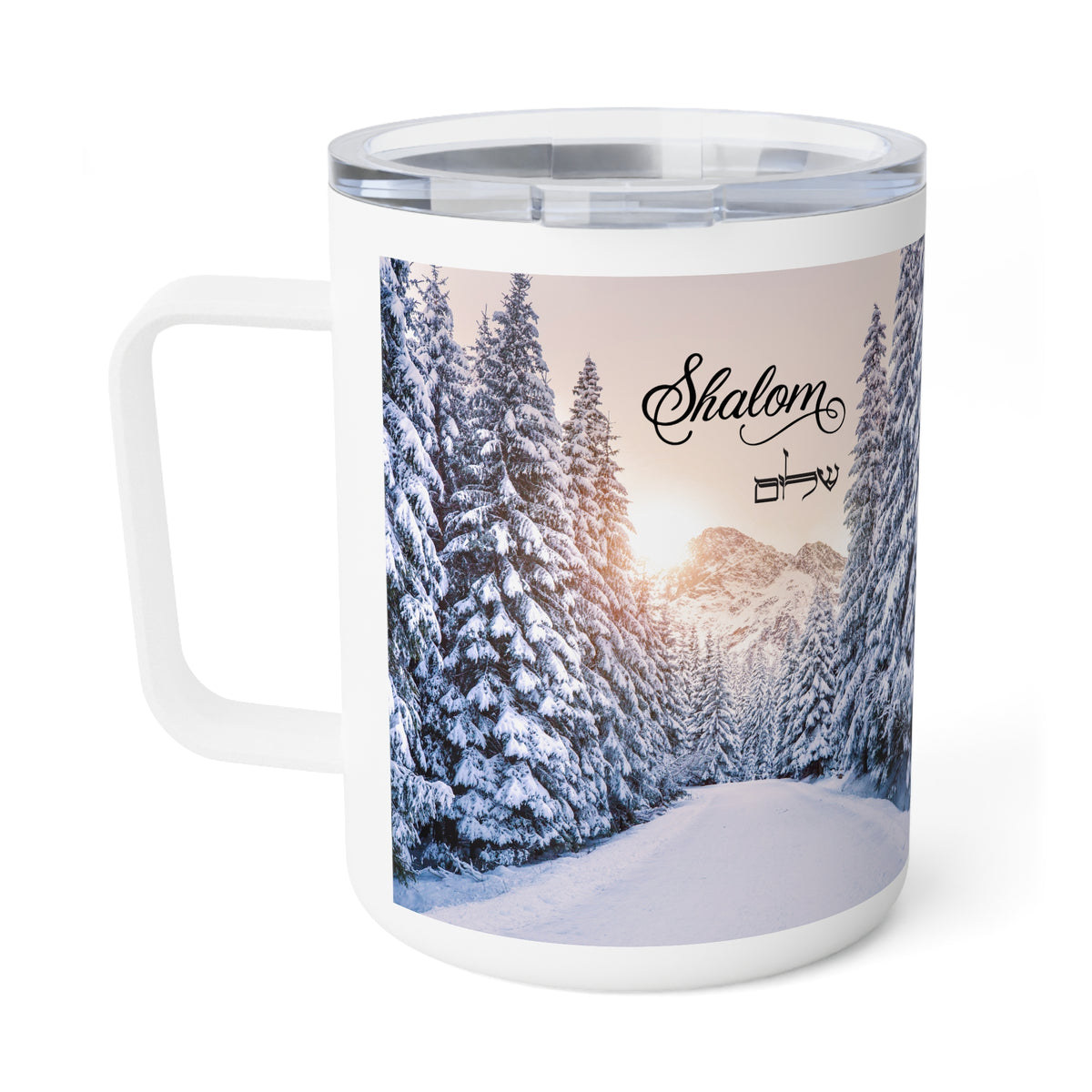 White stainless steel  travel mug with a clear lid, featuring a printed winter landscape design of snow-covered pine trees and mountains with the word 'Shalom' in black script.