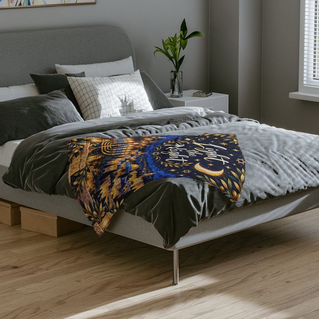 Light the Night Hanukkah Blanket – Navy & Gold Festival of Lights Velveteen Throw | Jerusalem-Inspired Menorah Gift