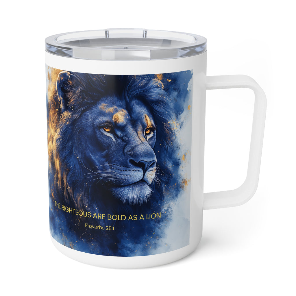 A white ceramic travel mug with a clear lid, featuring a printed graphic of a majestic blue lion with gold accents and the text 'THE RIGHTEOUS ARE BOLD AS A LION Psalm 28:1' on the front.