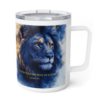 A white ceramic travel mug with a clear lid, featuring a printed graphic of a majestic blue lion with gold accents and the text 'THE RIGHTEOUS ARE BOLD AS A LION Psalm 28:1' on the front.