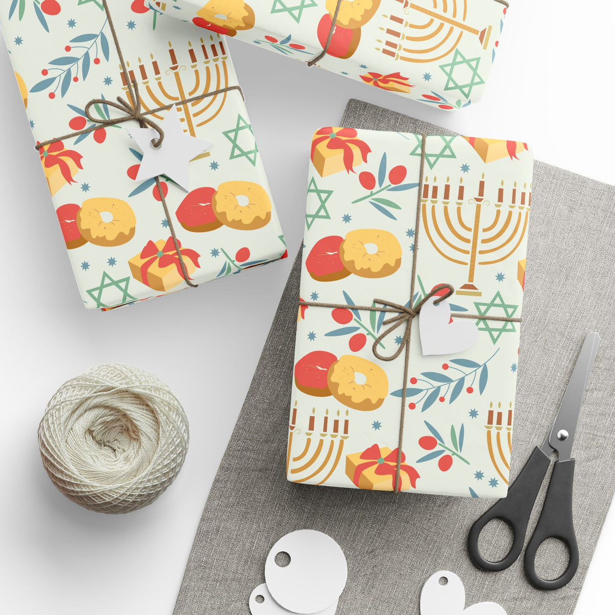 Hanukkah Wrapping Paper - Cream Judaica Gift Wrap with Menorahs & Olive Branches