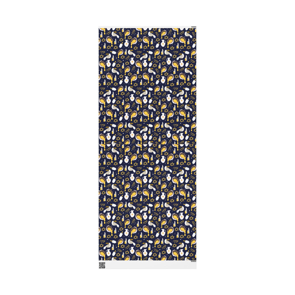 Navy & Gold Judaica Gift Wrap with Doves, Candles, and Stars of David
