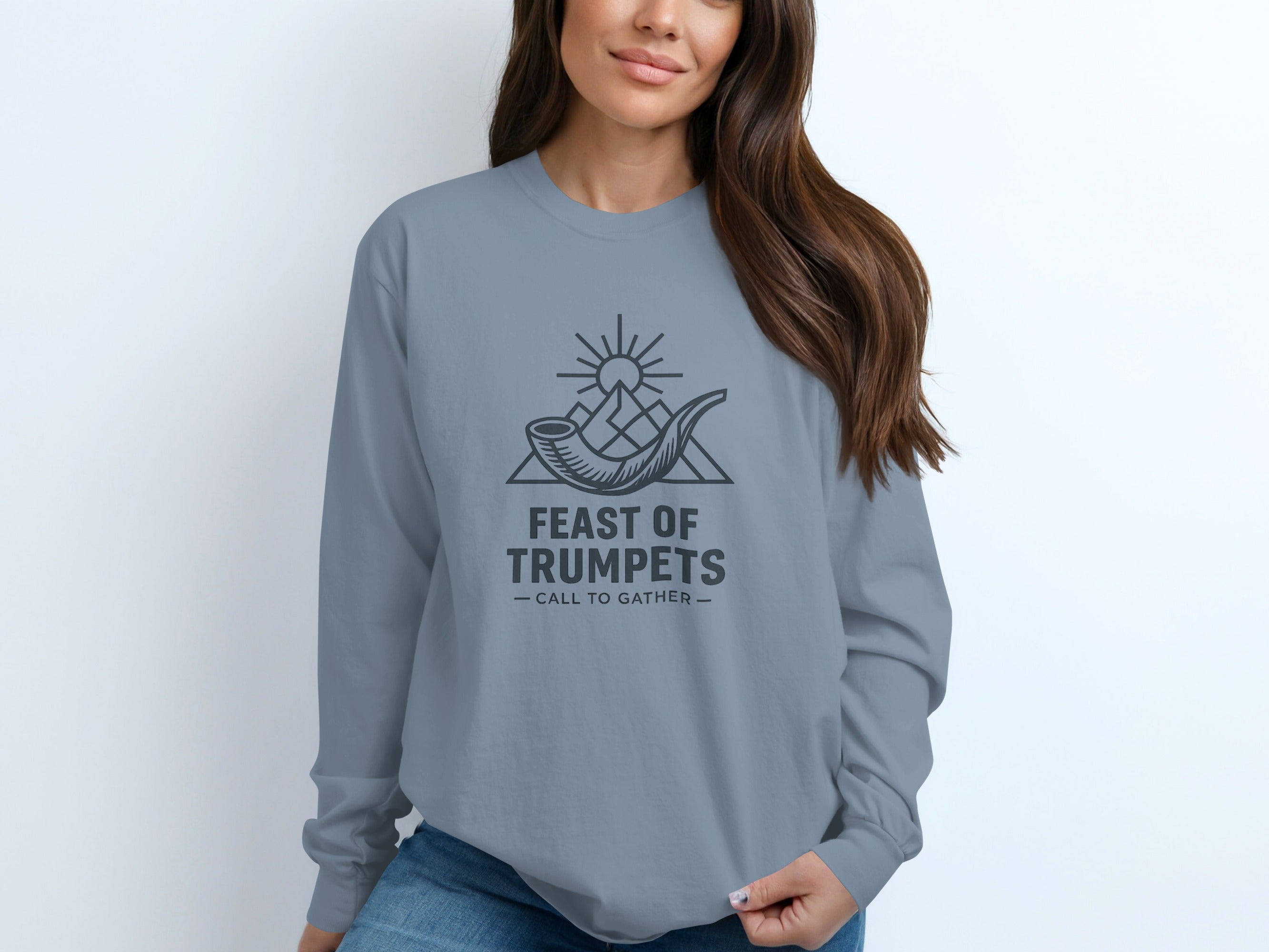 Gray long-sleeve shirt with "Feast of Trumpets - Call to Gather" text and shofar graphic.