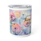 A white insulated tumbler with a clear lid, featuring a pastel watercolor design of dandelions and inspirational Christian scripture text on the front.