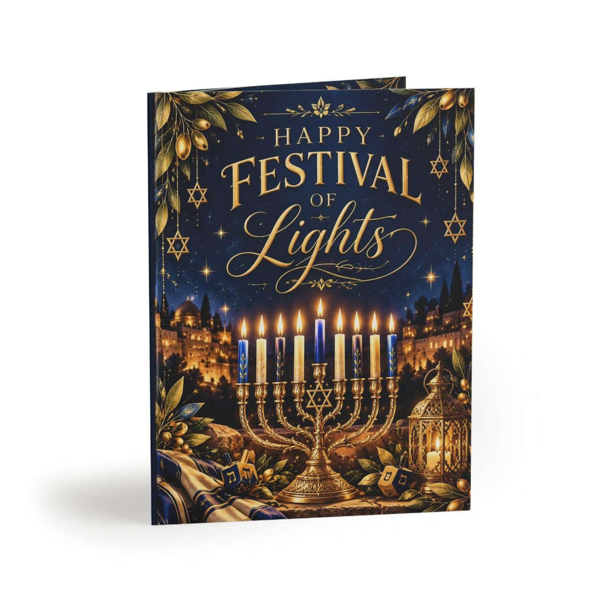 Happy Festival of Lights Hanukkah Card | Jerusalem Menorah Greeting Card (8, 16, and 24 pcs)