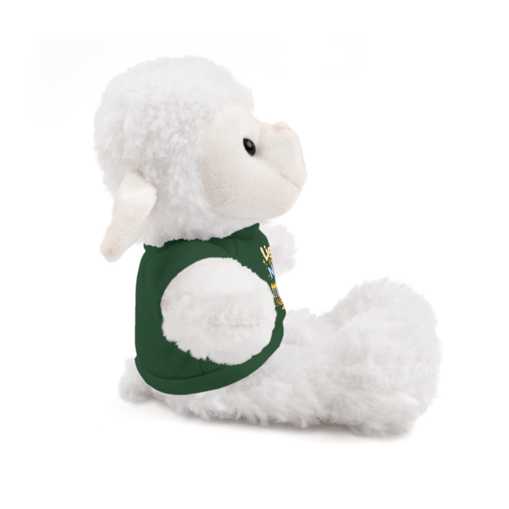 White plush toy with a green shirt on a white background