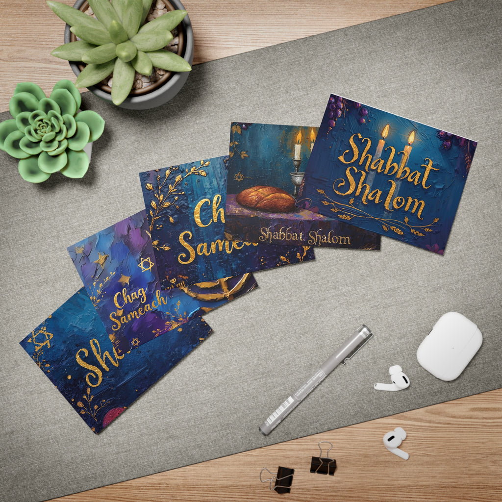 Jewish Greeting Card Set of 5 - Shabbat Shalom, Chag Sameach, Shalom - Oil Painting Style Judaica Notecards with Envelopes
