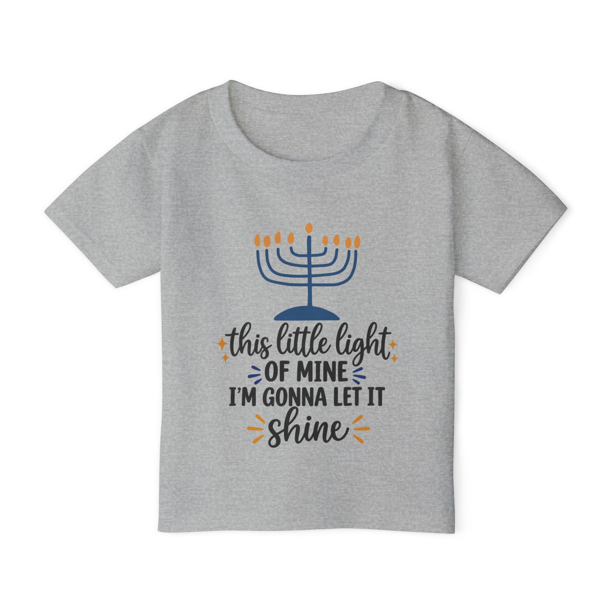 A heather gray short-sleeve t-shirt with a Hanukkah graphic on the front. The graphic features a blue menorah with orange flames and the text 'this little light OF MINE I'M GONNA LET IT shine' in black and orange lettering.