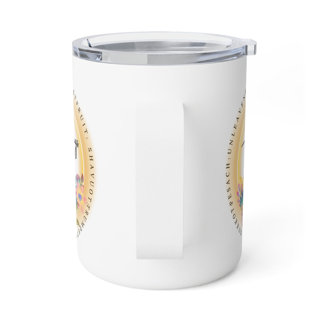 A white insulated tumbler with a clear lid and handle, featuring a circular seal printed on the side, shown on a clean white background.