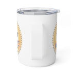 A white insulated tumbler with a clear lid and handle, featuring a circular seal printed on the side, shown on a clean white background.